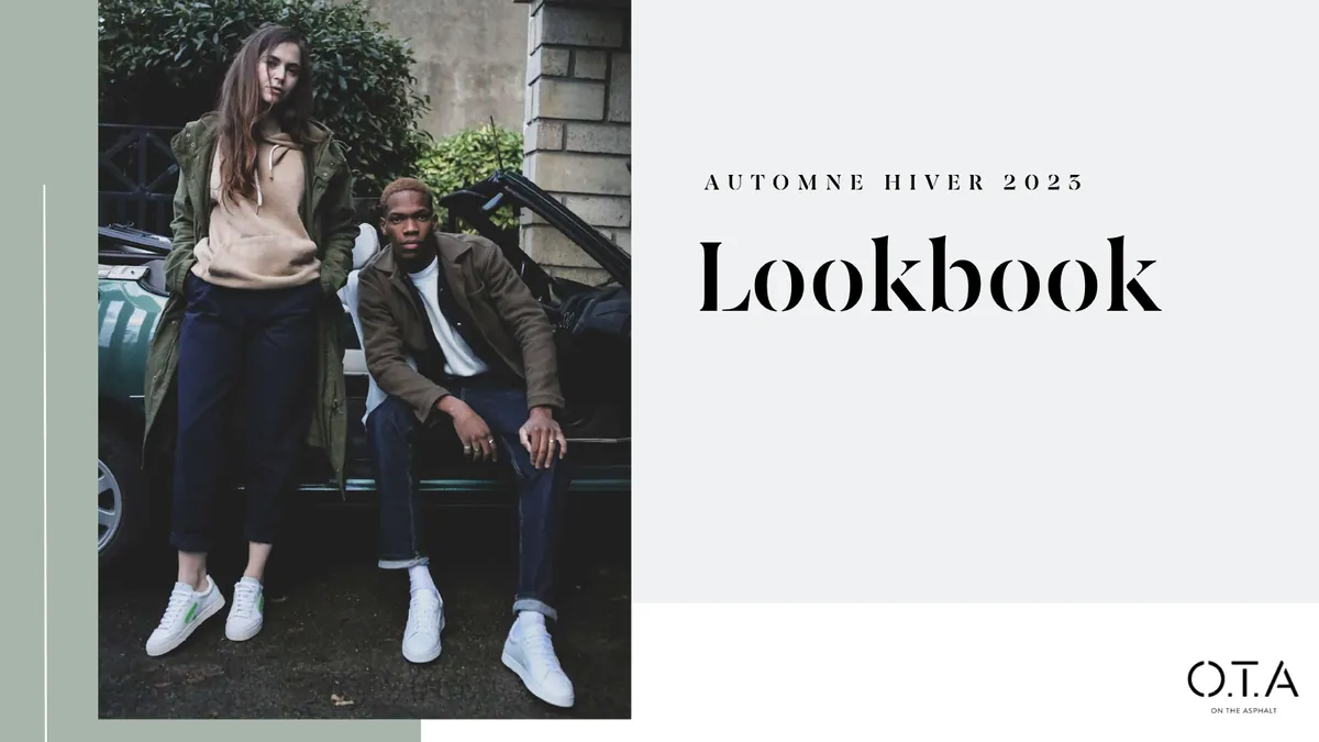Couverture du lookbook O.T.A automne-hiver 2023 : deux mannequins assis sur une voiture ancienne.