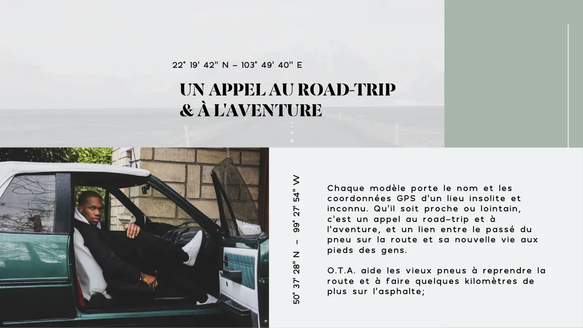 Le concept road-trip : coordonnées GPS, texte de présentation, et un mannequin assis dans une voiture.