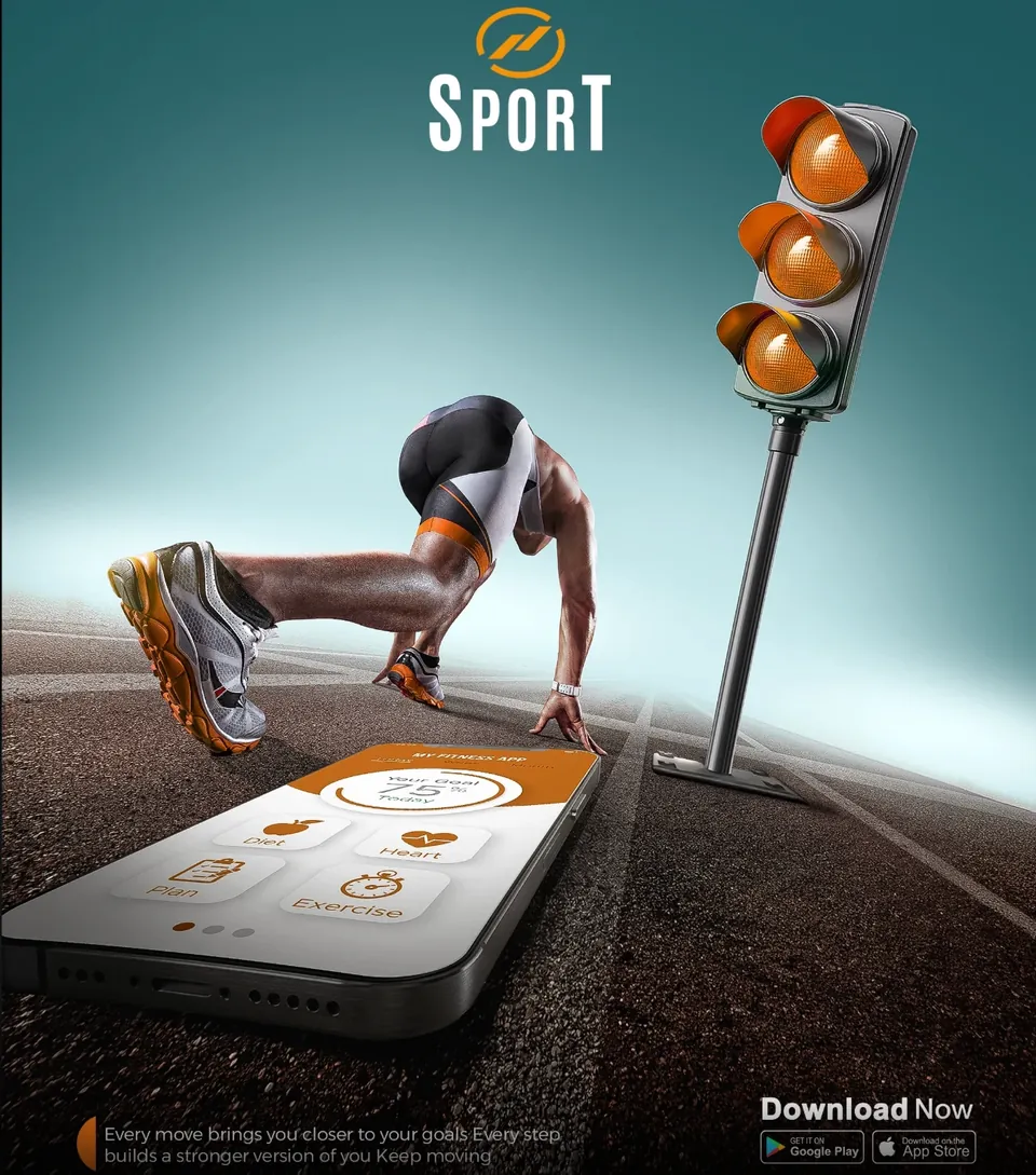 Poster for a sports app: an athlete on the starting blocks, a traffic light, and a smartphone lying on the track, open on the app.